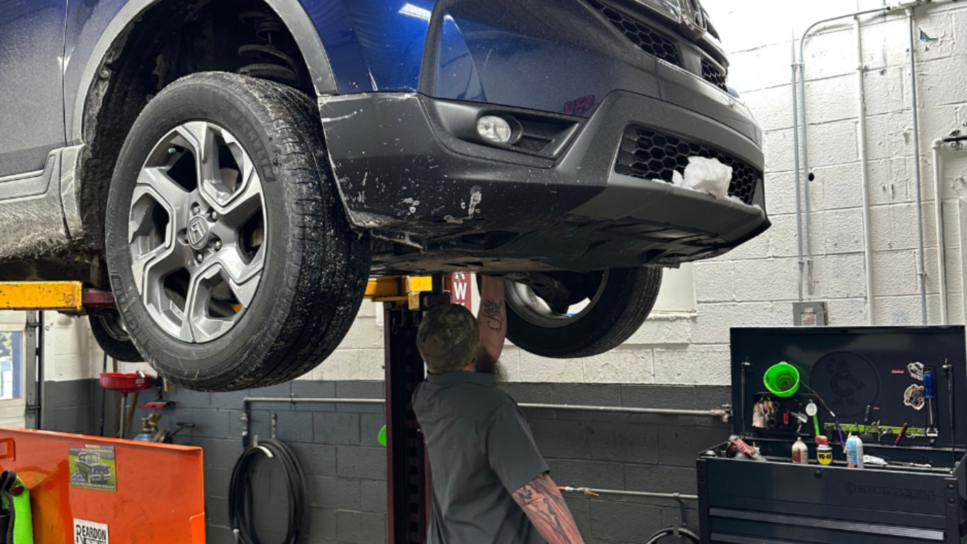 Vehicle in the inspection bay at Keystone Automotive Repair